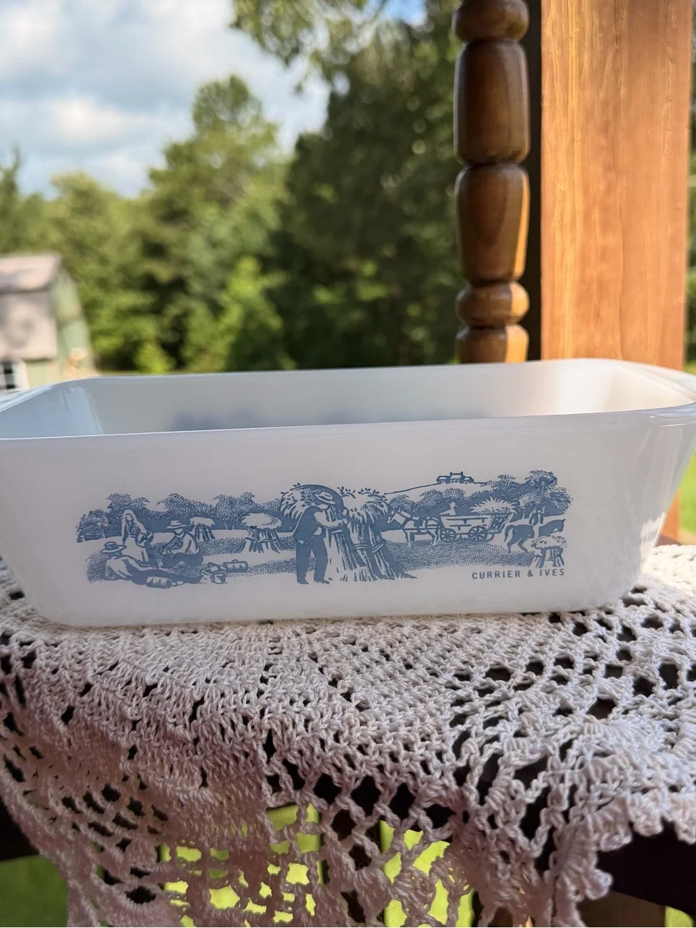 Vintage Glasbake Currier & Ives Blue and White Glass Loaf Pan
